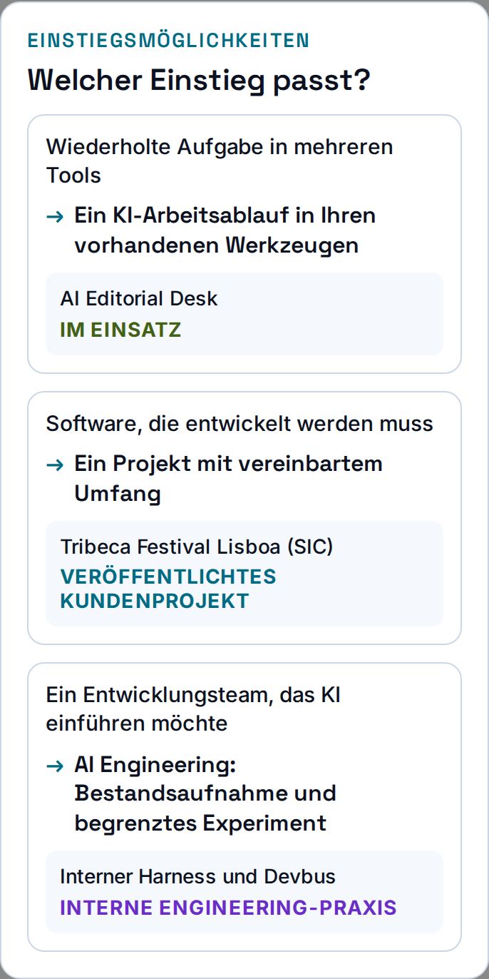 Drei Bedürfnisse führen zu einem abgegrenzten Softwareprojekt, einem KI-Arbeitsablauf in vorhandenen Werkzeugen oder Unterstützung für ein Team bei der KI-Einführung – mit Beispielen und deren Status.