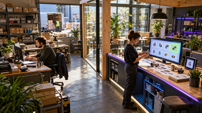 Two people work at connected ordering and catalogue workstations in a distributor’s office.