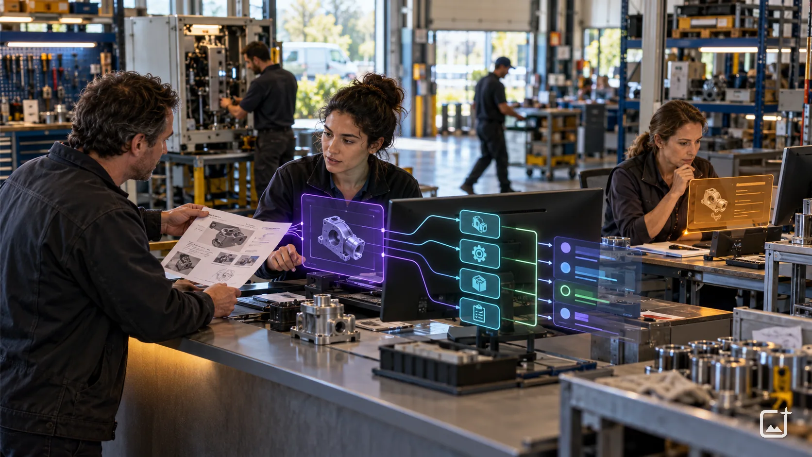 Illustration d’une demande de service passant entre des espaces de travail connectés, tandis qu’une collègue examine un cas distinct.