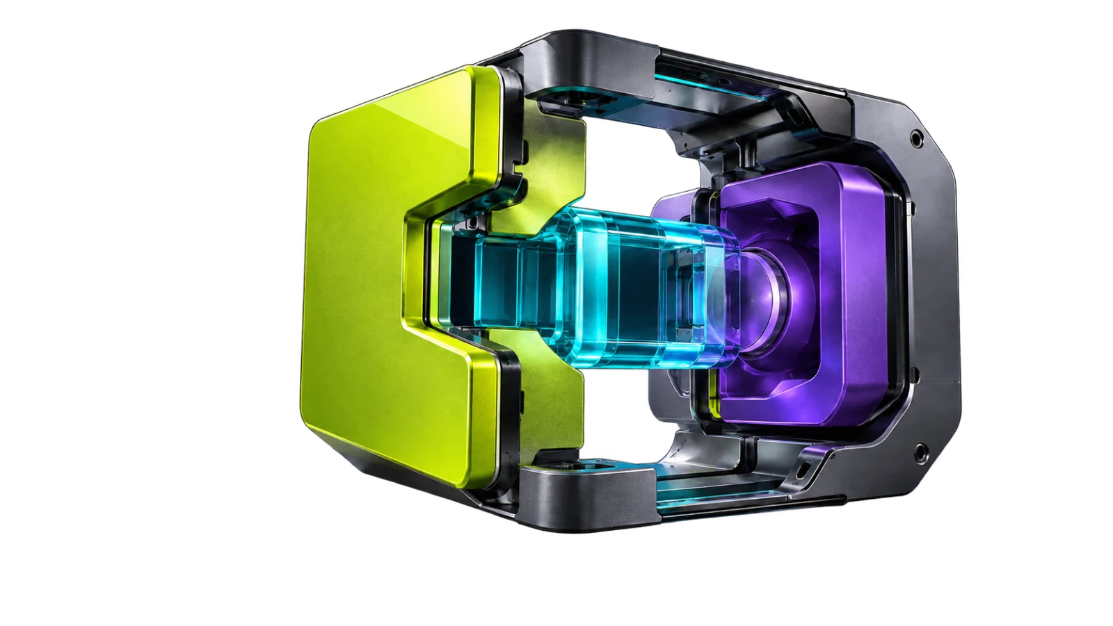 Lime and violet modules connected by a cyan glass bridge inside a dark metal frame.