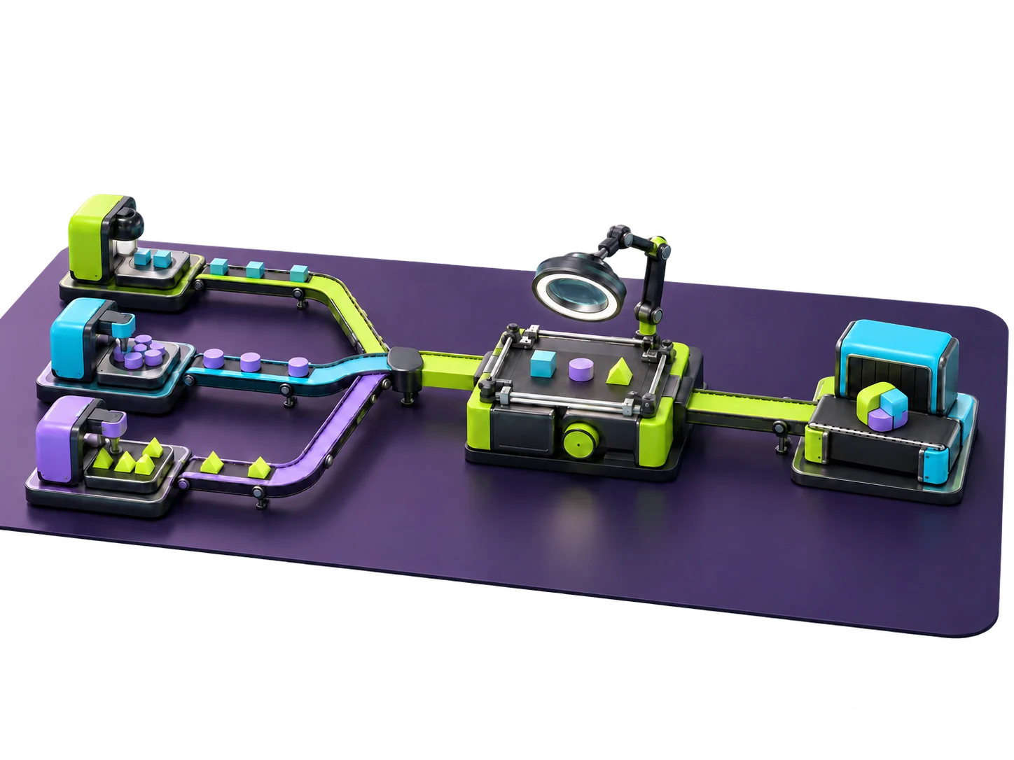 Three colored input routes converge at a central inspection station and continue to a combined output.