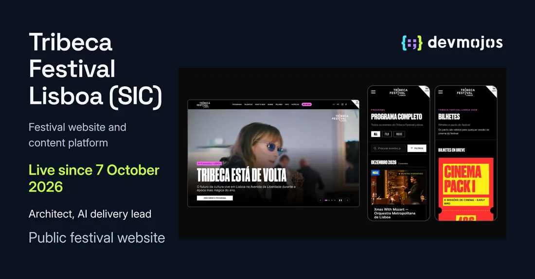 Tribeca Festival Lisboa (SIC) public website: festival homepage, programme and tickets on desktop and mobile, using unchanged approved screenshots.